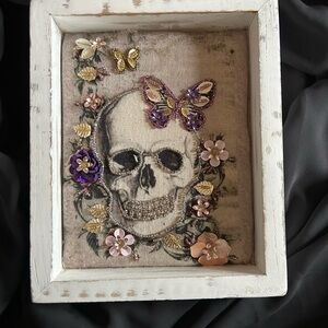 Framed Skull Artwork Intricate Beadwork Floral & Butterfly Embellishments 7 x 9”